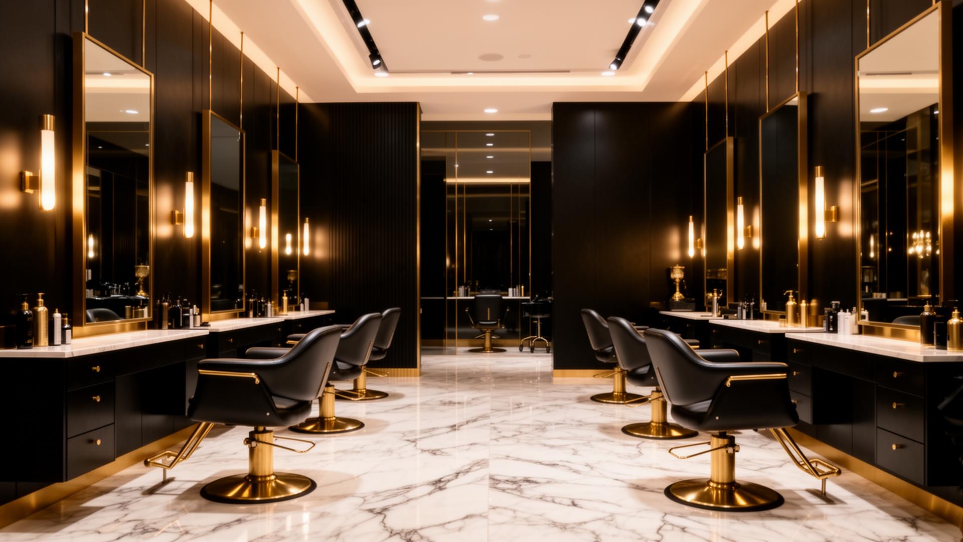 Felixia Unisex Salon Valanchery — luxurious pastel-pink interior with gold accents and stylist chairs