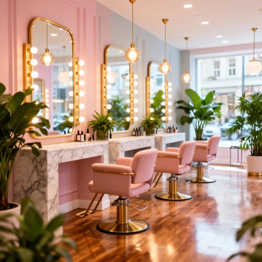 Inside Felixia Salon — pastel and gold styling stations with marble counters and warm pendant lighting